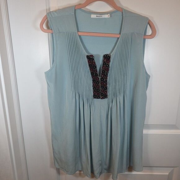 BAILEY 44 Powder Blue Silk Sleeveless Blouse Size Large Beaded Pintuck Pleating - Picture 1 of 8